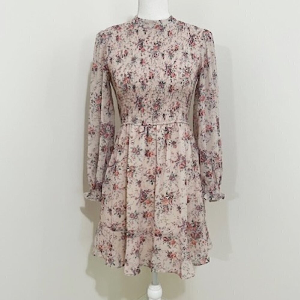 Storia Pink Floral Smocked Long Sleeve Prairiecore A-Line Dress Size S
